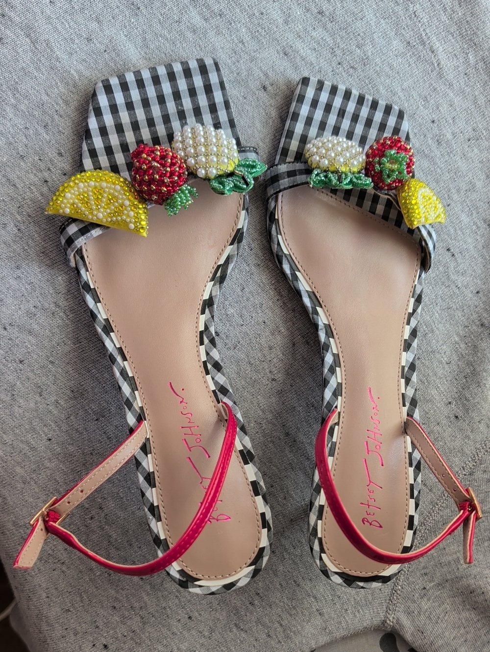 Betsey Johnson Sandals 9MBlack Gingham Beaded Fruit Red Embellished Kitten Heels